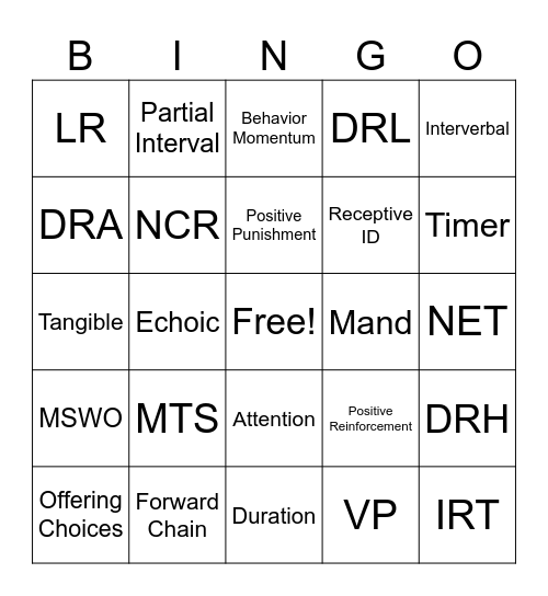 RBT/Session Note Bingo Card