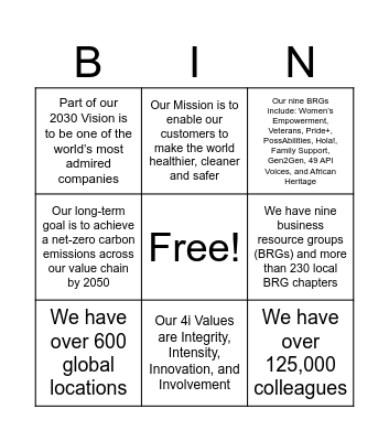 Company Facts Bingo Card