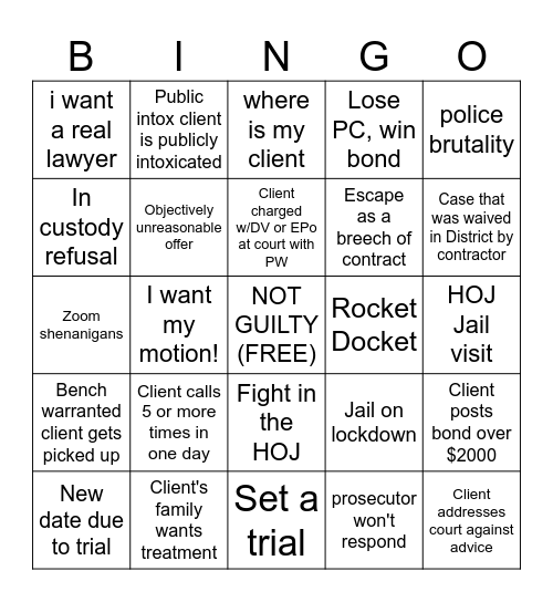 PUBLIC DEFENDER Bingo Card