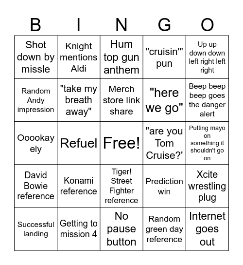 Top Gun a la Knight Bingo Card