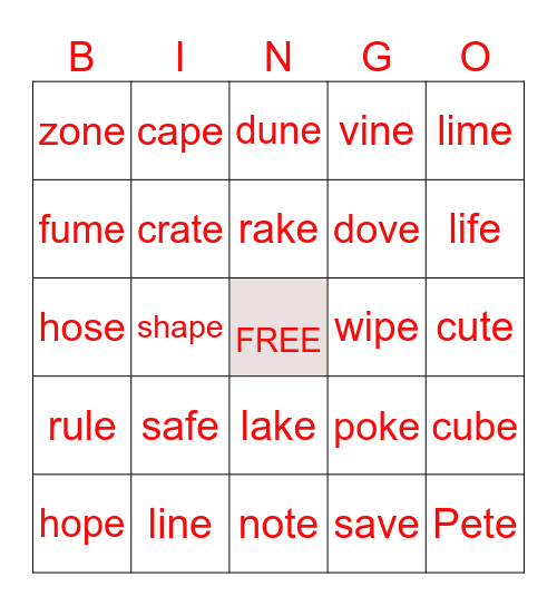 VCE Bingo Card