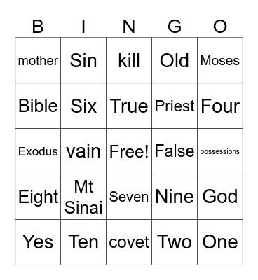 Ten Commandment Bingo Card