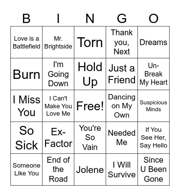 Break Up Songs Bingo Card