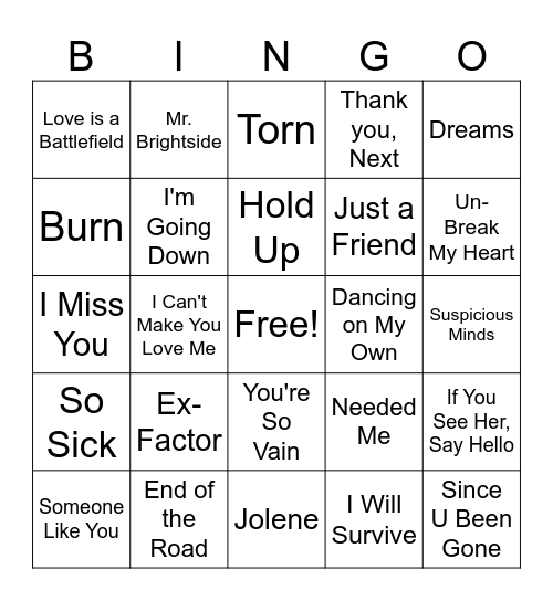 Break Up Songs Bingo Card