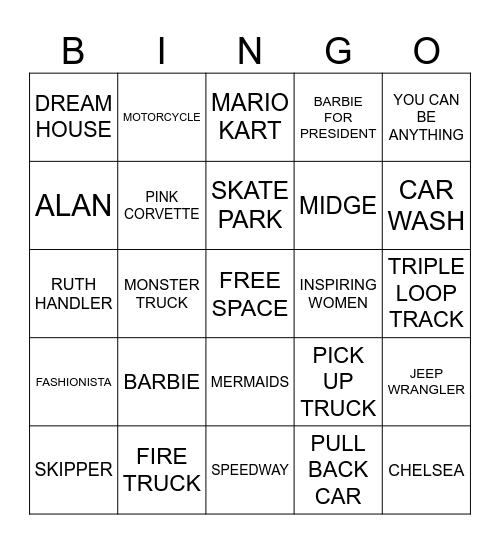 BARBIE & HOT WHEELS Bingo Card