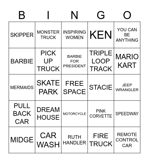 BARBIE & HOT WHEELS Bingo Card