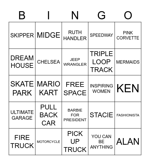 BARBIE & HOT WHEELS Bingo Card