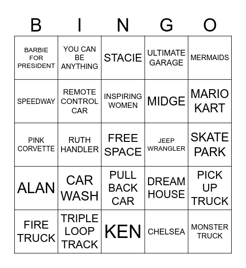 BARBIE & HOT WHEELS Bingo Card