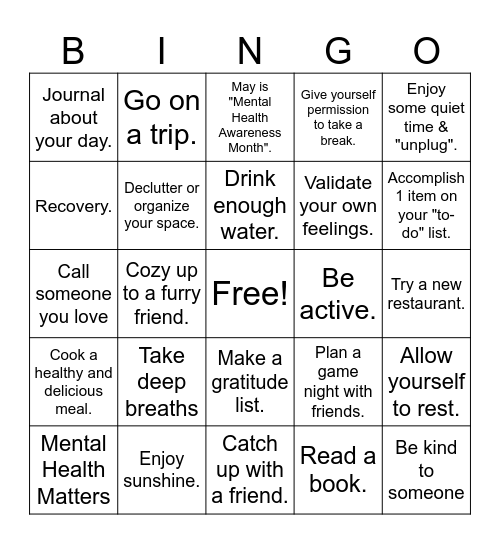 Mental Health Month Bingo Card