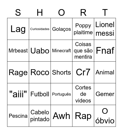 Shorts bingo Card