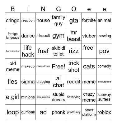 youtube shorts Bingo Card