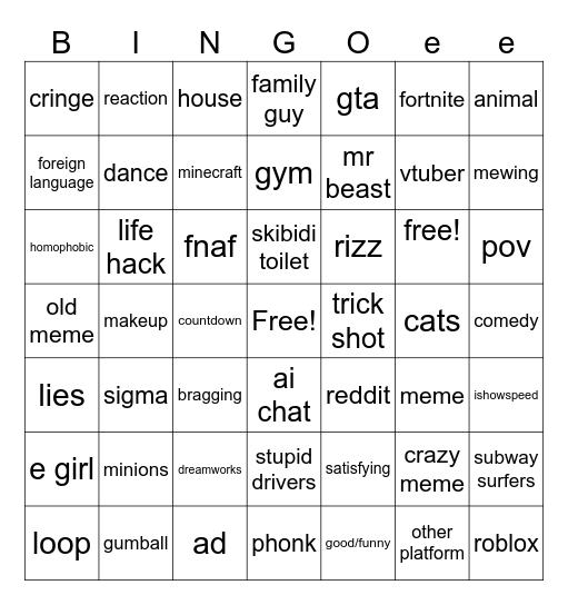 youtube shorts Bingo Card