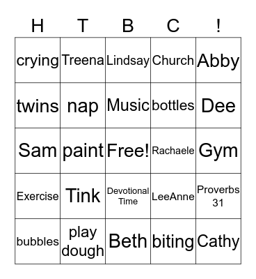 Parent's Day Out Bingo Card