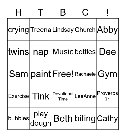 Parent's Day Out Bingo Card
