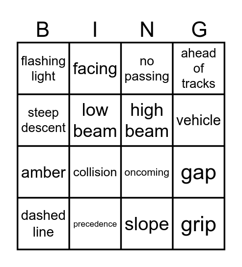 English for Driving Vocabulary Bingo Card