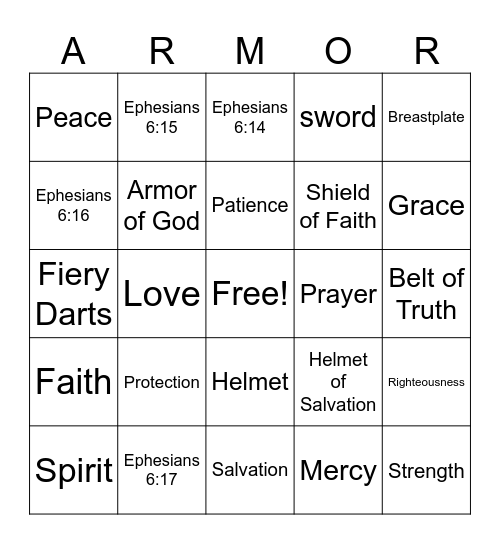 Armor of God Bingo Card