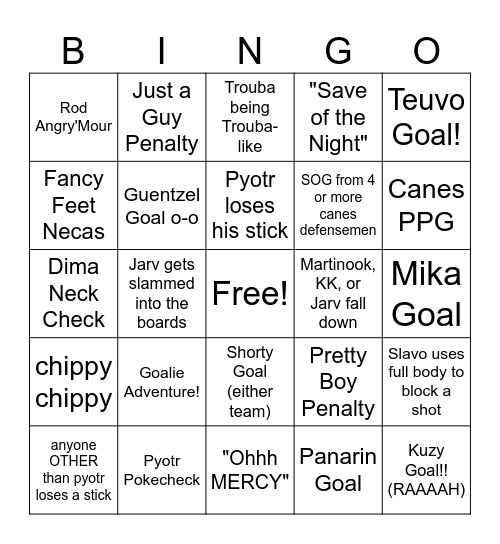 Canes vs Rangers 03/12 Bingo Card