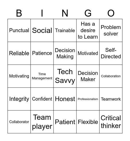 Work Maturity Skills Bingo Card