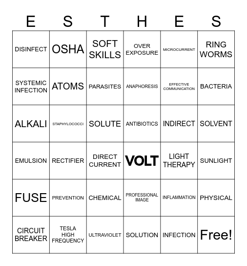 Esthetics Bingo Card
