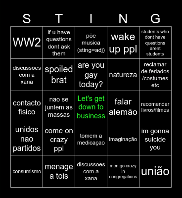 ENGLISH CLASS Bingo Card