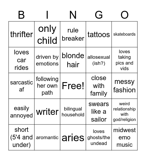 Character Bingo: Mary-Ella Bingo Card