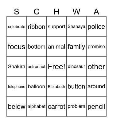 SCHWA BINGO Card