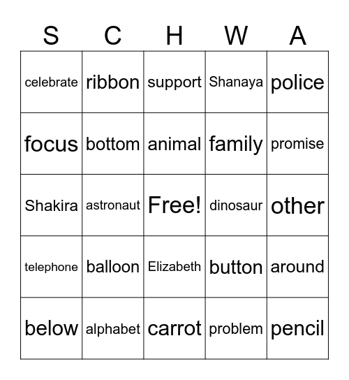 SCHWA BINGO Card