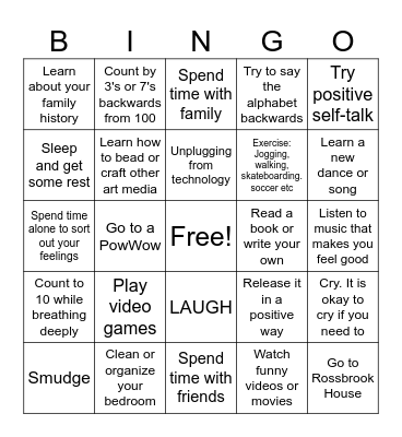 Coping Strategies for RBH Youth Bingo Card