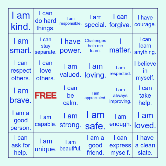 Affirmation Bingo. Bingo Card