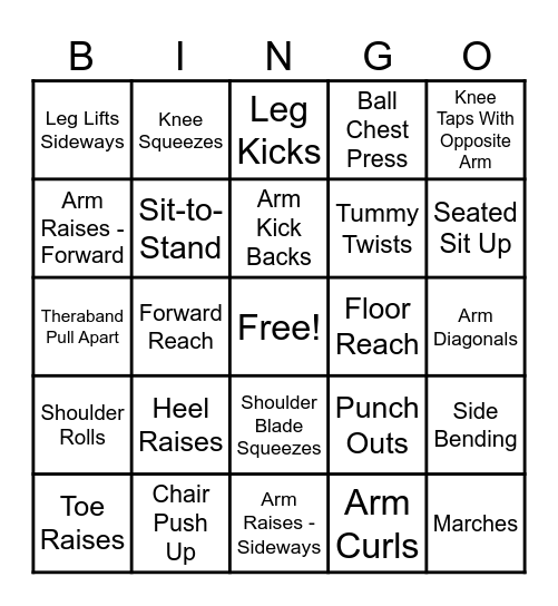 Physical Therapy Exercises Bingo Card