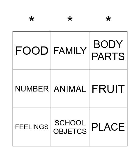 First words Bingo Card