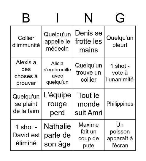 Koh Lanta S20E02 Bingo Card