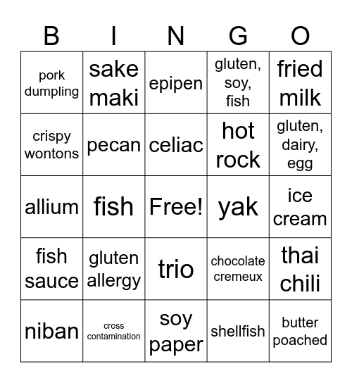 allergy bingo Card