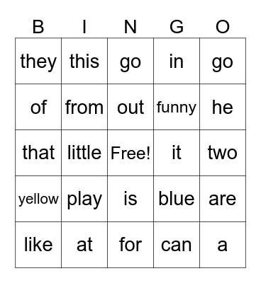 Sight words Bingo Card