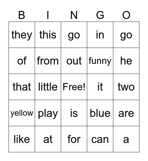 Sight words Bingo Card