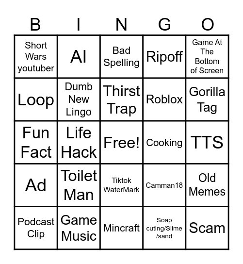 YouTube Shorts Bingo Card