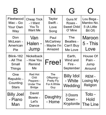Rock And Roll Bingo Card