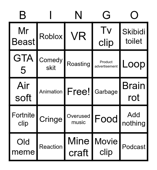 Youtube shorts Bingo Card