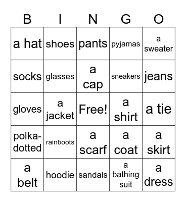 Clothes French  MSG Bingo Card