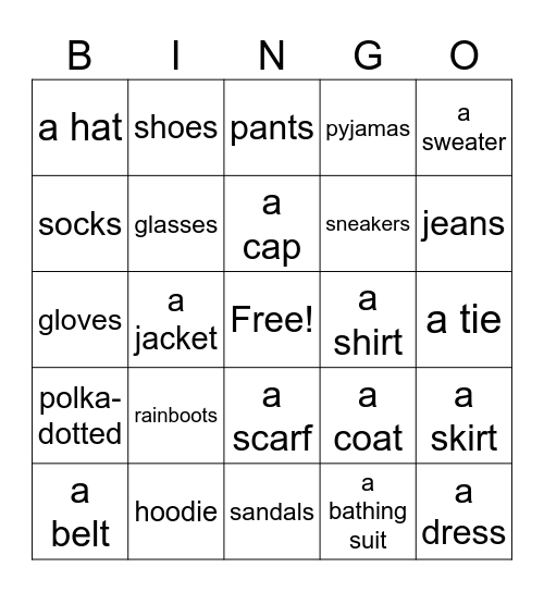 Clothes French  MSG Bingo Card