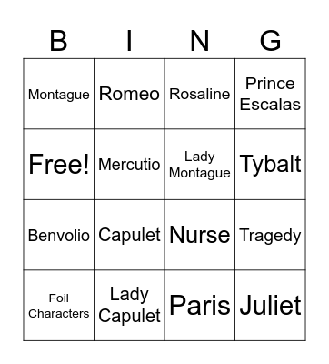 Romeo and Juliet Act I Bingo Card