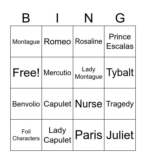 Romeo and Juliet Act I Bingo Card