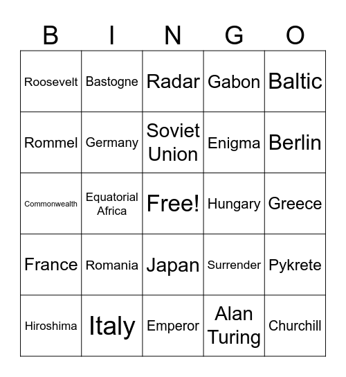 WWII Part 2 Bingo Card