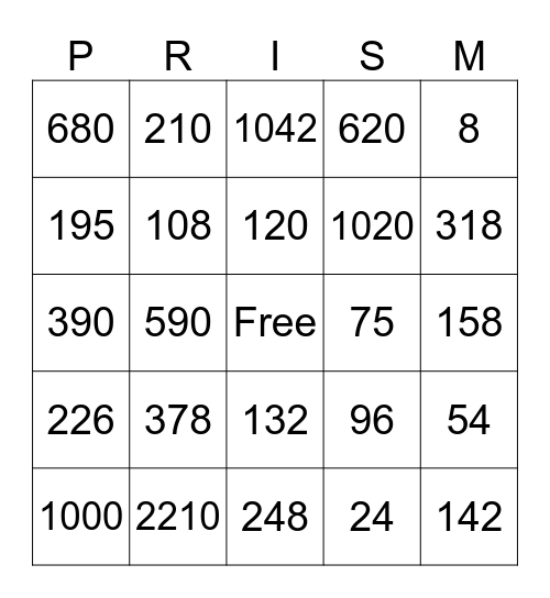 Prism and Pyramids Vol. & S.A. Bingo Card