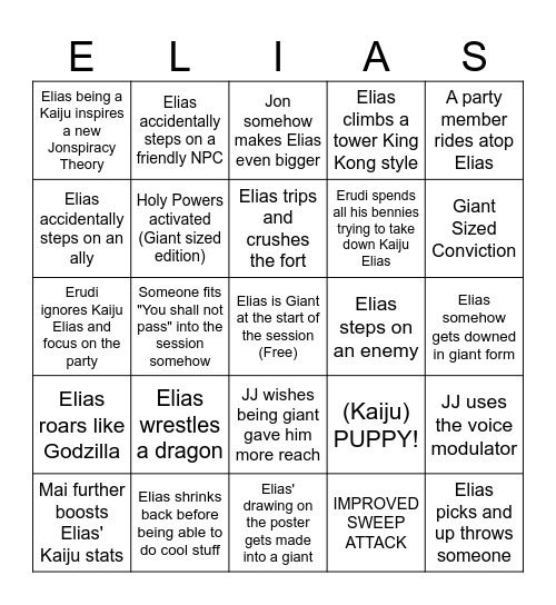 MotDQ: Kaiju Elias Edition Bingo Card