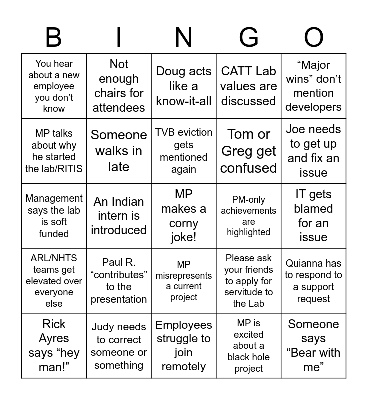 All Hands Meeting Bingo Card