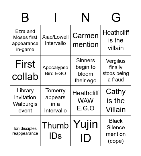Canto 6/Season 4 Bingo Card