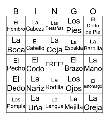 Las Partes del Cuerpo Bingo Card