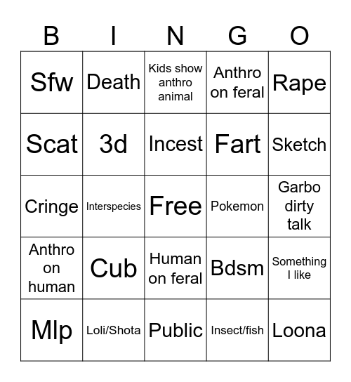 E621 Bingo Card Bingo Card