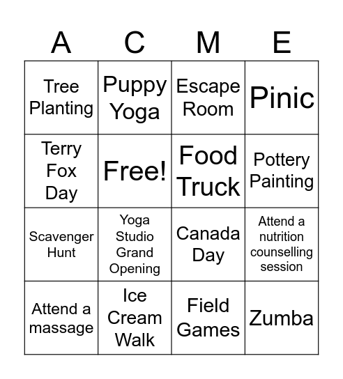 ACME UNION BINGO Card